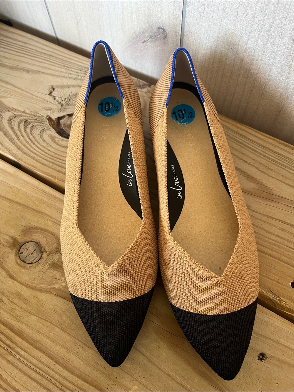 Rothy's Two-Tone Pointed Knit Flats in Tan and Black with Blue Trim